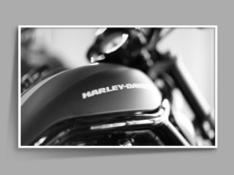 Framed photograph of Harley Davidson motor bike fuel tank with bokeh effect in black and white